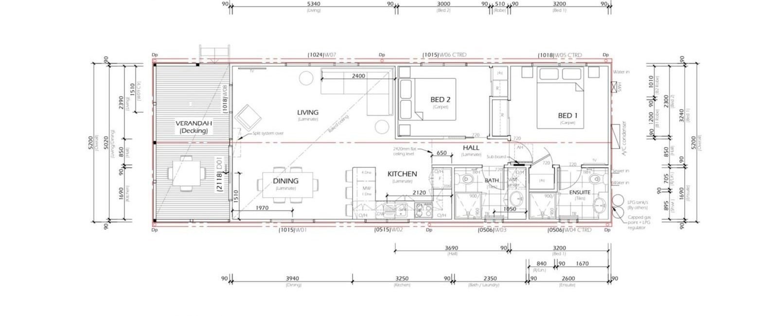 Floor plan: two bedrooms, ensuite, bathroom and laundry, kitchen, living, dining and verandah