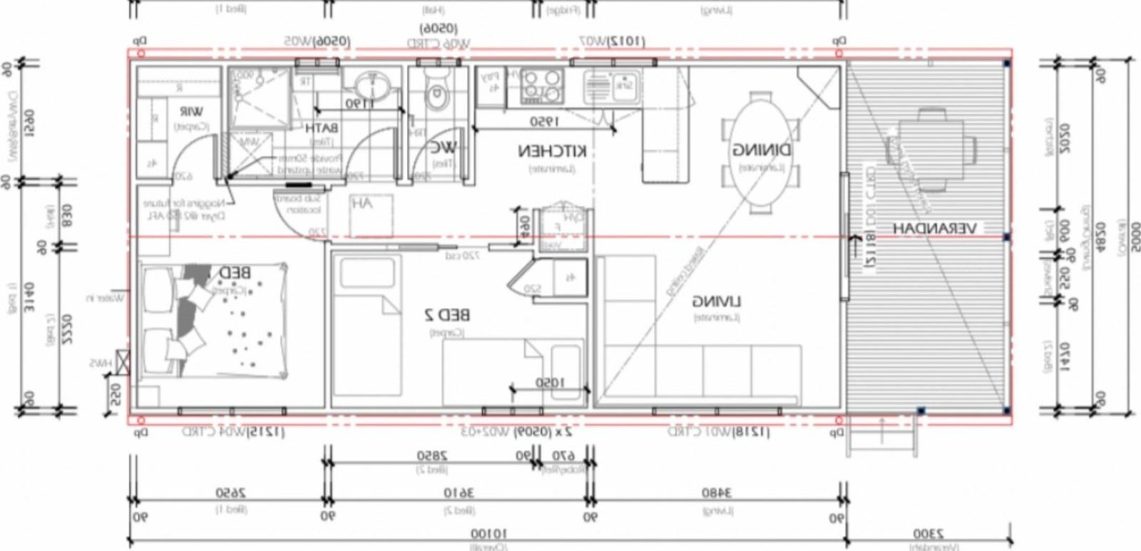 Floor plan: two bedrooms, walk-in robe, bathroom, separate toilet, kitchen, living, dining and verandah