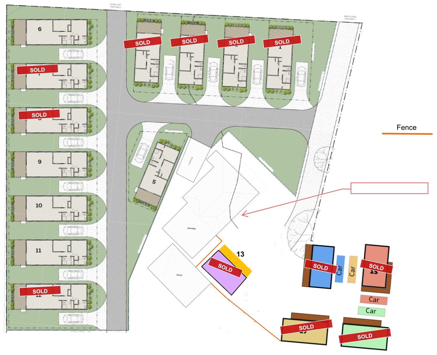 Site plan showing units 1 to 17 with sold units marked